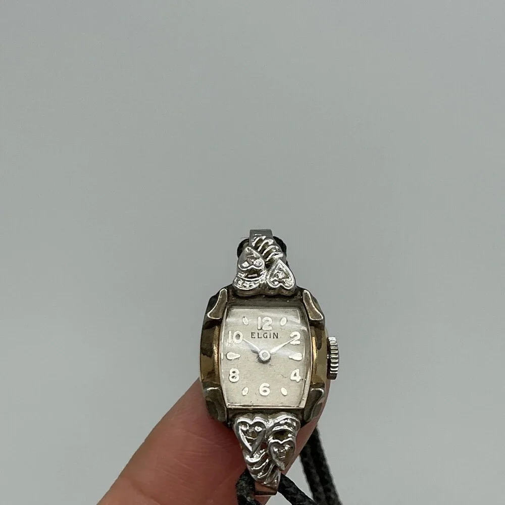 Vintage Elgin Womens Watch 14mm 10K RGP 1957 Diamond Black Cord Manual 5.75